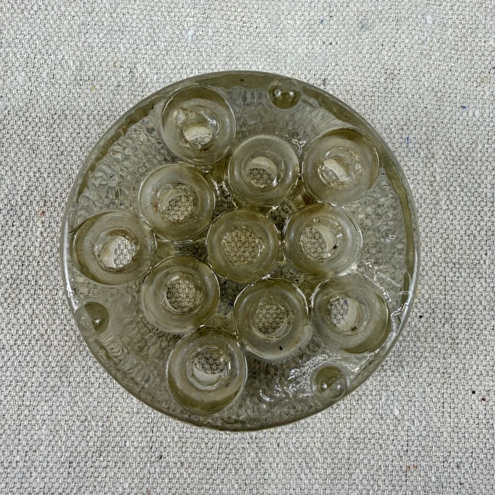 Vintage‎ Handmade Glass Flower Frog 11 Hole Round Floral Arranger Art Deco Style